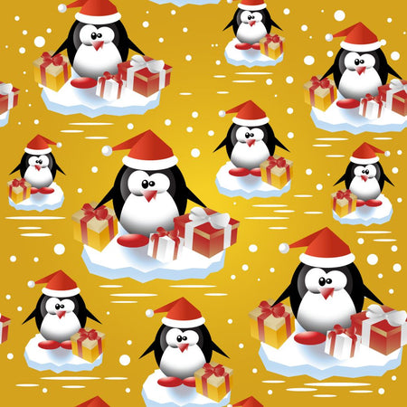 Christmas Penguins with Presents on Gold 100% Cotton Fabric By the Yard