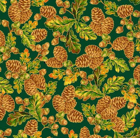 Acorns Pinecones Leaves On Forest Green 100% Cotton
