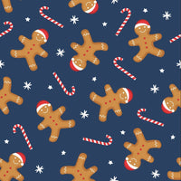 Pan de jengibre navideño y bastones de caramelo sobre tela azul 100 % algodón, vendida por yardas