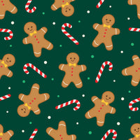 Tela de algodón 100 % verde con motivos navideños de galletas de jengibre y bastones de caramelo, vendida por yardas