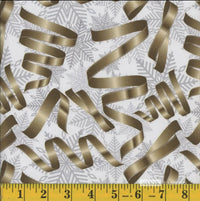 Christmas Gold Ribbons Silver Snowflakes on Cream 100% Cotton Fabric By the yard