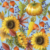 Calabazas y girasoles sobre tela azul 100 % algodón