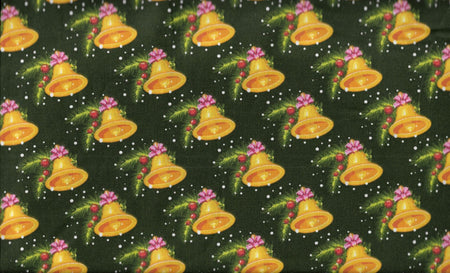 Christmas Gold Bells on Green 100% Cotton Fabric