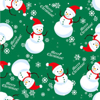 Navidad. Feliz Navidad. Muñecos de nieve sobre fondo verde. 100 % algodón