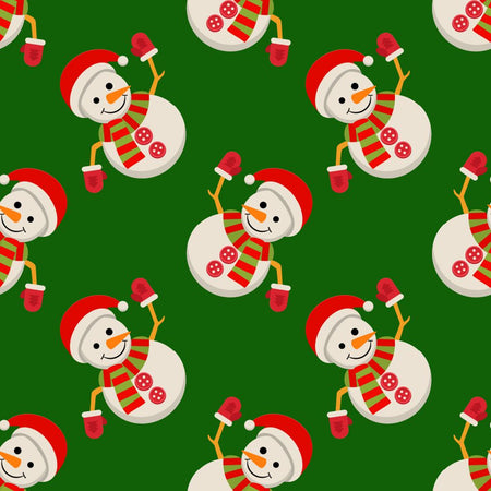 Christmas Waving Snowmen on Green 100% Cotton
