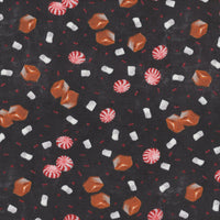 Caramelos de menta, caramelos y nubes navideños sobre tela negra 100 % algodón