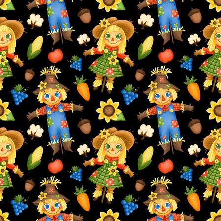 Scarecrows Fall Friends on Black 100% Cotton