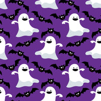 Tela de algodón 100 % de color morado con fantasmas y murciélagos bailando en Halloween