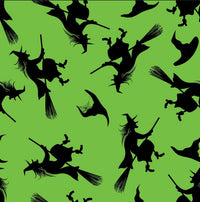 Tela verde 100 % algodón con brujas volando en escobas por Halloween