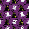 Fantasmas de Halloween y una casa encantada sobre tela morada 100 % algodón