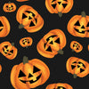Tela de algodón 100 % con calabazas alegres de Halloween sobre fondo negro