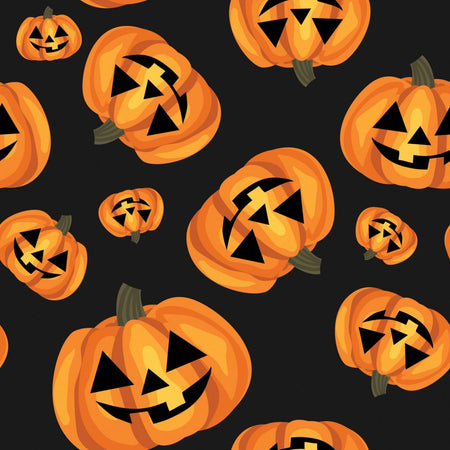 Halloween Happy Pumpkins on Black 100% Cotton Fabric