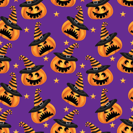 Calabazas traviesas de Halloween sobre fondo morado, 100 % algodón. Precio por yarda
