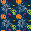Tela azul 100 % algodón con motivos de calabazas, calaveras y telarañas de Halloween