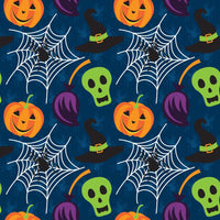 Halloween Pumpkin Skull Spiderweb on Blue 100% Cotton Fabric