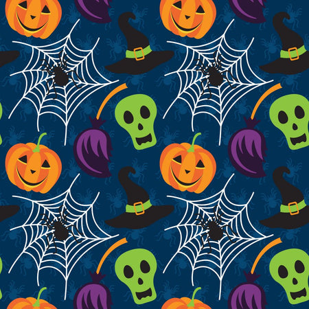 Halloween Pumpkin Skull Spiderweb on Blue 100% Cotton Fabric