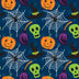 Tela azul 100 % algodón con motivos de calabazas, calaveras y telarañas de Halloween