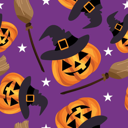 Tela morada 100 % algodón con calabazas sonrientes y escobas de bruja de Halloween