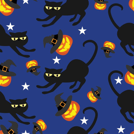 Chats noirs effrayants d'Halloween et citrouilles renversées sur un tissu bleu 100 % coton