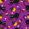 Tela morada 100 % algodón con gatos negros espeluznantes de Halloween y calabazas tiradas