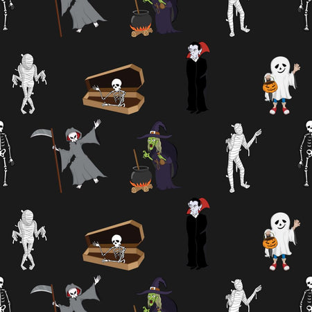 Halloween Spooky Monsters Creatures on Black 100% Cotton Fabric