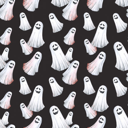 Halloween Spooky Smiling Ghosts on Black 100% Cotton Fabric