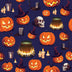 Halloween Spooky Smiling Pumpkin and Skulls on Blue 100% Cotton Fabric