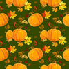 Tela de algodón 100 % con motivos de calabazas y hojas sobre fondo verde