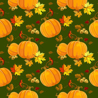 Pumpkins and Leaves on Green 100% Cotton Fabric