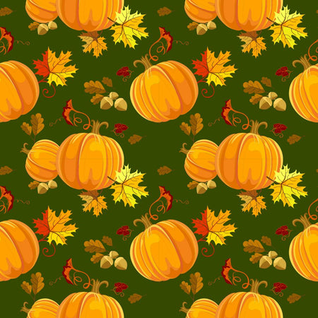Pumpkins and Leaves on Green 100% Cotton Fabric