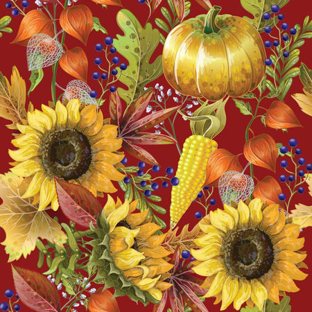 Pumpkins and Sunflowers on Burgundy 100% Cotton Fabric