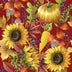 Calabazas y girasoles sobre tela de algodón 100 % color burdeos