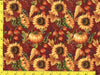 Calabazas y girasoles sobre tela de algodón 100 % color burdeos