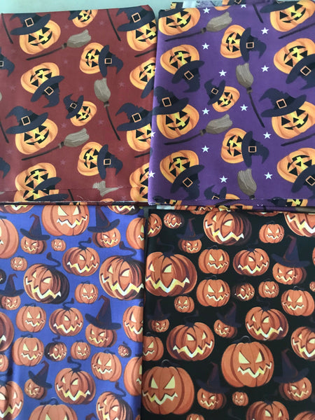 Lotes de telas precortadas de Halloween con motivos de calabazas, 100 % algodón, 1 yarda, 4 piezas, surtido