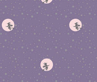 Halloween, Noche estrellada, Bruja, Luna, Lila sobre fondo morado brillante, 100 % algodón, precio por yarda