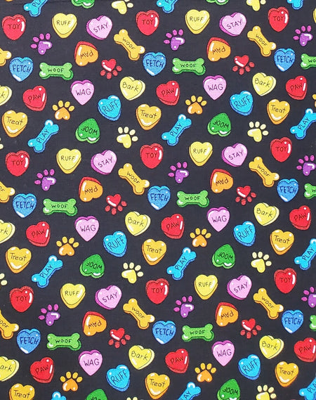 Dog Puppies Bones Paws and Hearts on Black Novelty 100% Cotton Price Per Yard