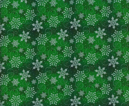 Copos de nieve navideños sobre tela verde degradada 100 % algodón. Precio por yarda