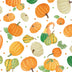 Tela «Falling For Gnomes» con motivos de calabazas sobre fondo blanco, 100 % algodón. Precio por yarda.