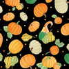 Tela «Falling For Gnomes» con motivos de calabazas sobre fondo negro, 100 % algodón. Precio por yarda.