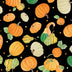 Tela «Falling For Gnomes» con motivos de calabazas sobre fondo negro, 100 % algodón. Precio por yarda.