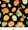 Tela «Falling For Gnomes» con motivos de calabazas sobre fondo negro, 100 % algodón. Precio por yarda.