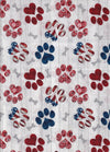Perros patrióticos: huellas de cachorros sobre fondo blanco, 100 % algodón. Precio por yarda.