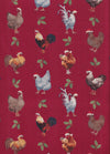 Gallos navideños: pollos con gorros de Papá Noel sobre fondo rojo. 100 % algodón.