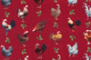Gallos navideños: pollos con gorros de Papá Noel sobre fondo rojo. 100 % algodón.