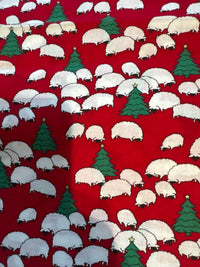 Christmas Vintage Sheep and Trees on Green 100% Lightweight Cotton Price per Yard