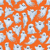Tela de algodón 100 % naranja con fantasmas voladores de Halloween. Precio por yarda.