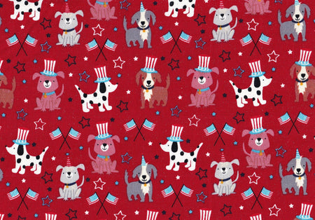 Cachorros patrióticos con gorros sobre fondo rojo brillante, 100 % algodón