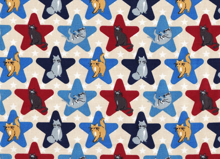 Gatos patrióticos con estrellas sobre fondo blanco, 100 % algodón. Precio por yarda.