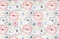 Fuegos artificiales patrióticos sobre fondo blanco, 100 % algodón. Precio por yarda