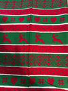 Navidad, estilo vintage, rojo, verde, copos de nieve, rayas blancas, 100 % algodón ligero. Precio por yarda.